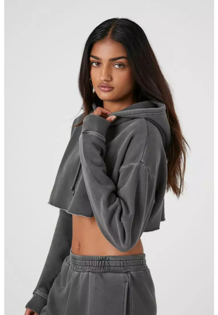 Fleece Mineral Wash Cropped Drawstring Hoodie