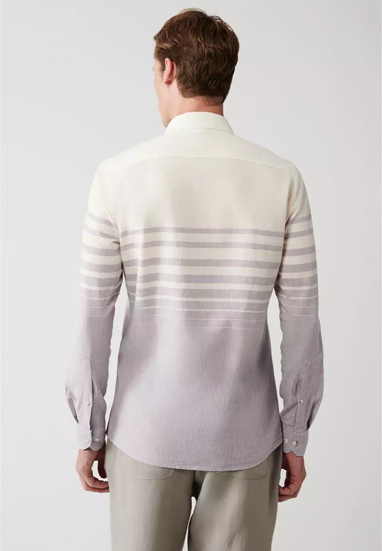 Men's Light Purple Cotton Linen Blended Striped Shirt A31Y2268