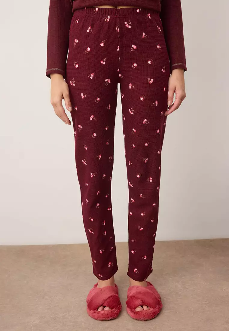 Burgundy Ribbon/Bow Soft Winter Waffle Knitted Pajamas Set Thmaw26Pt187