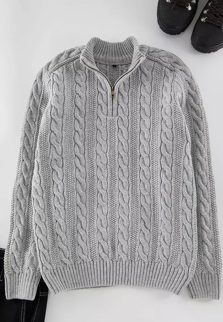 Grey Unisex Regular Fit Zippered Half Turtleneck Knit Sweater TMNAW21KZ0737