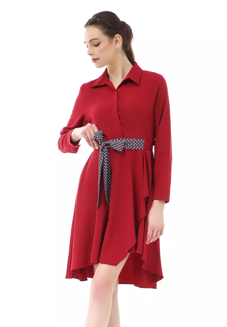 Rachel Dress Kemeja Wanita Lengan Panjang Pita Samping Material Twiscone ORIGINAL - Red
