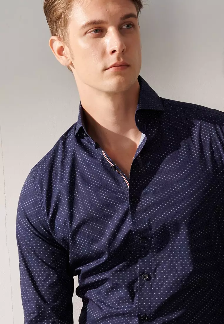 Navy Blue White Dot Print Slim Fit Shirt