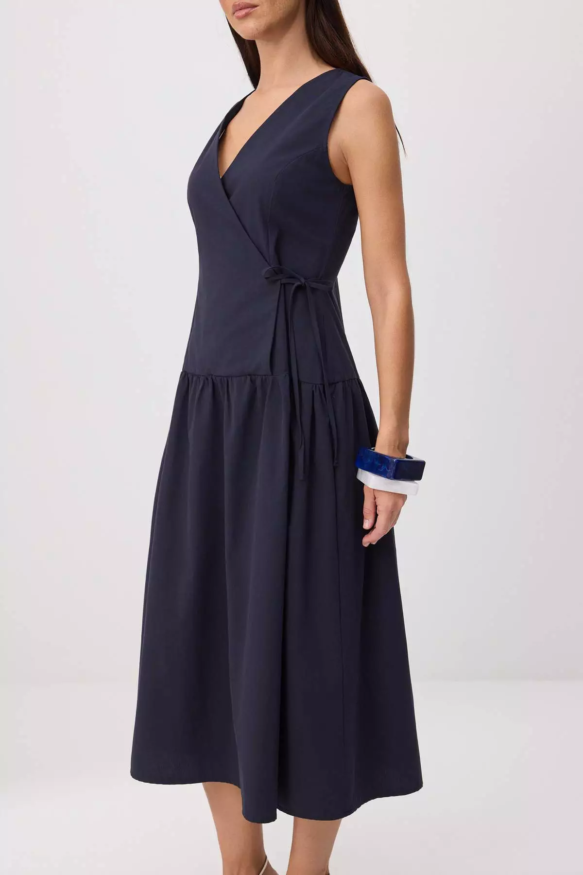 Navy Blue Double-Breasted Collar Poplin Midi Woven Dress Twoss26El00450