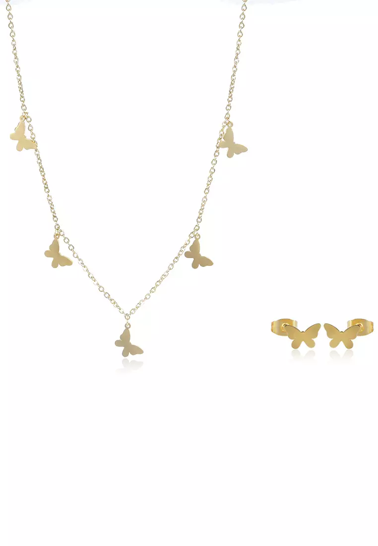 Gold Plated Small Butterfly Earrings and Necklace Set