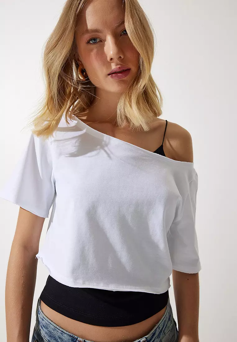 Women's White Black Boat Neck Basic Crop 2 Piece Pack Knitted T-Shirt Ow00036