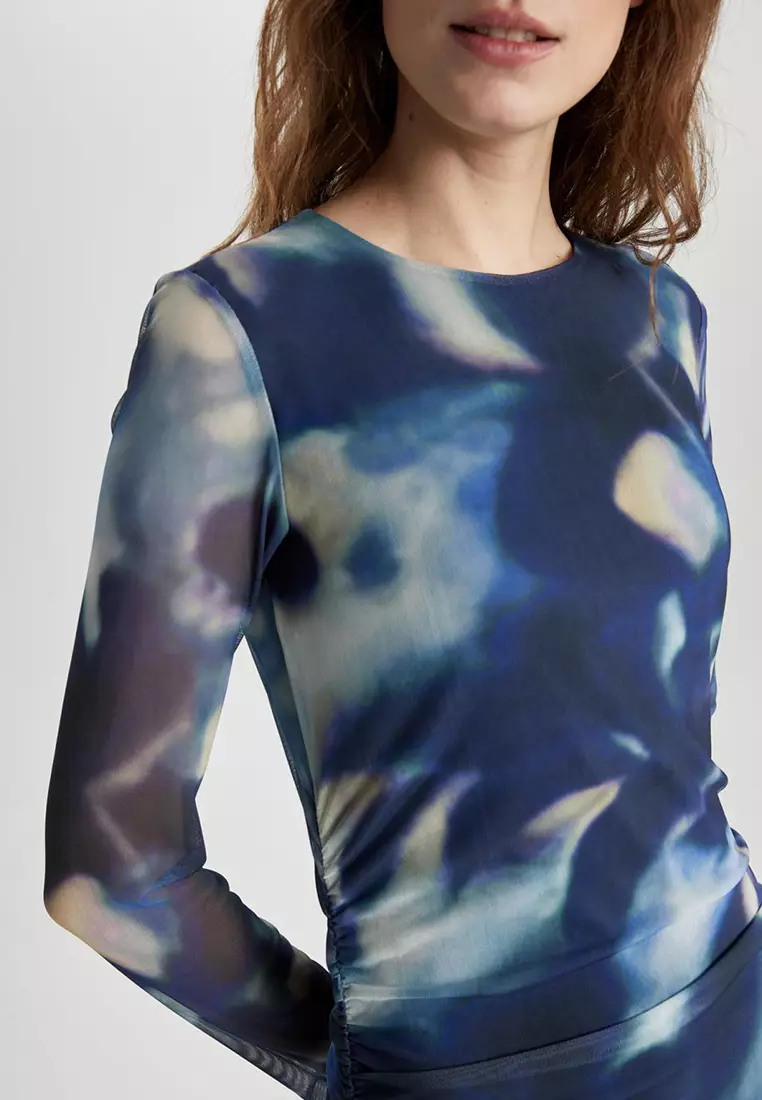 Printed Tulle Midi Dress