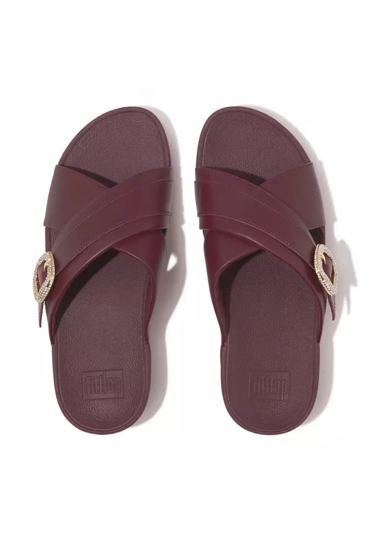 FitFlop LULU Crystal-Buckle Leather Cross Slides - Mauve Wine (HO1-B37)