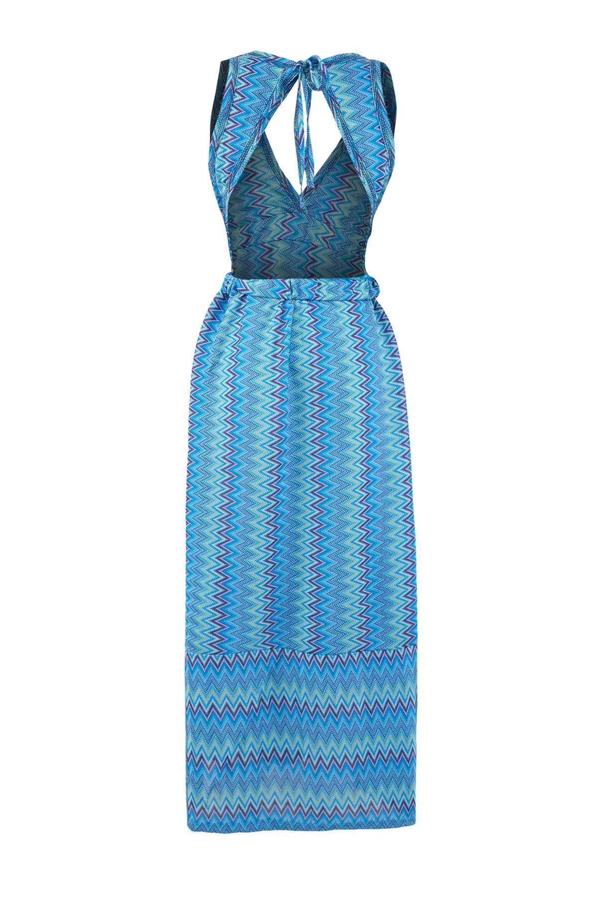 Blue Geometric Pattern Knitted Maxi Backless Beach Dress Tbess26El15