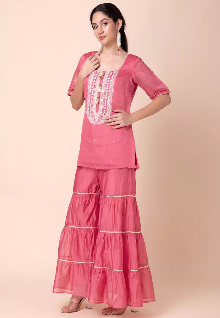 Peach Sharara With Short Embroidered Kurta And Dupatta (Set of 3)