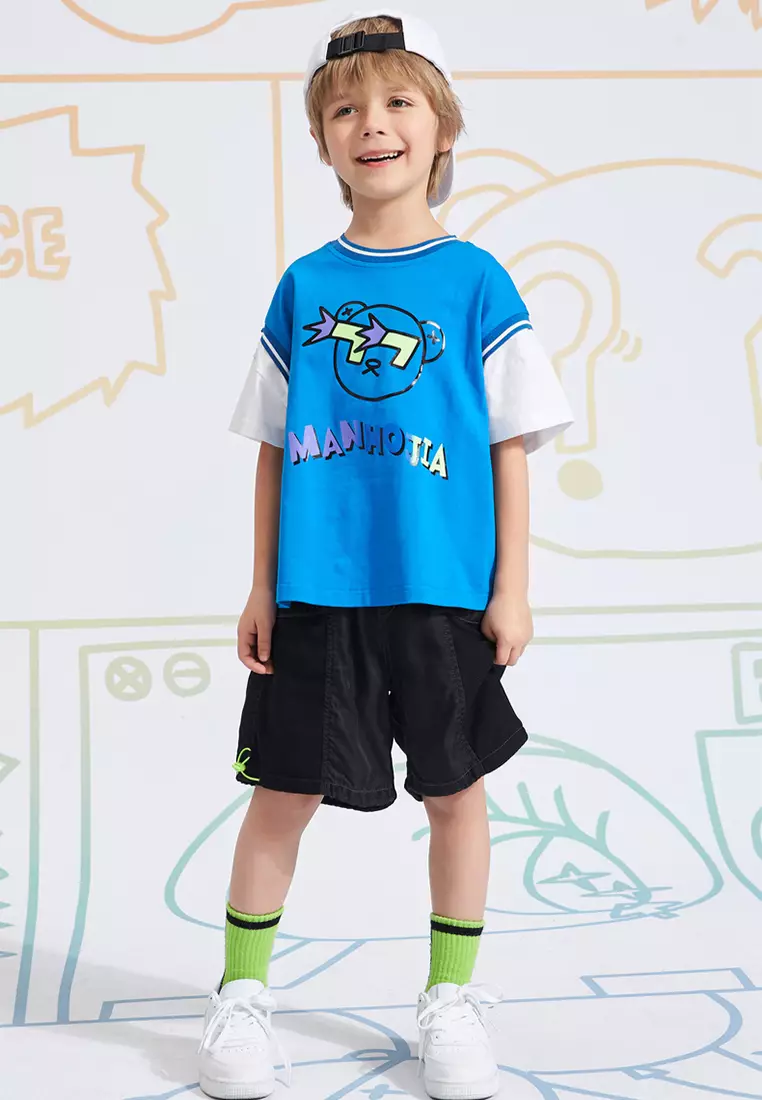 男童短袖夏季新款假两件撞色拼接运动风T恤