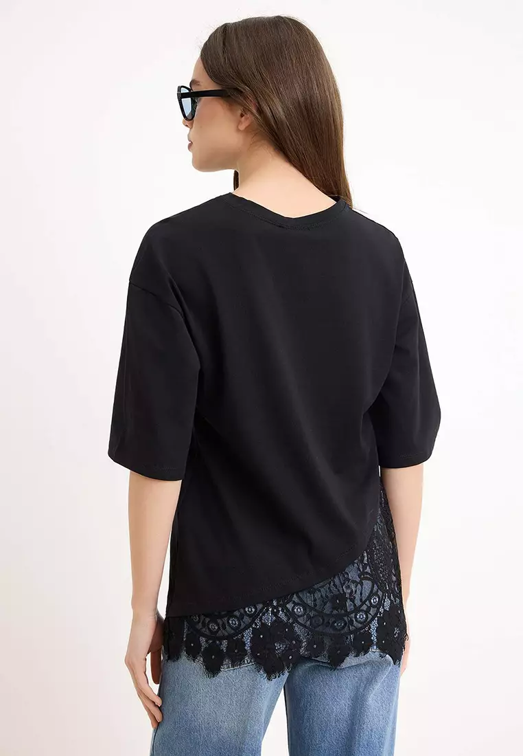 Black Regular/Normal Fit Lace Detailed Short Sleeve Knitted T-Shirt Twoss26Ts33