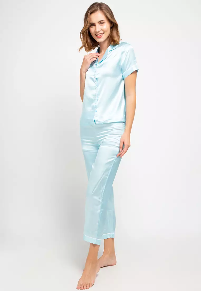 Pyjama Baju Tidur Set Short Sleeve Long Pants Satin Sleepwear