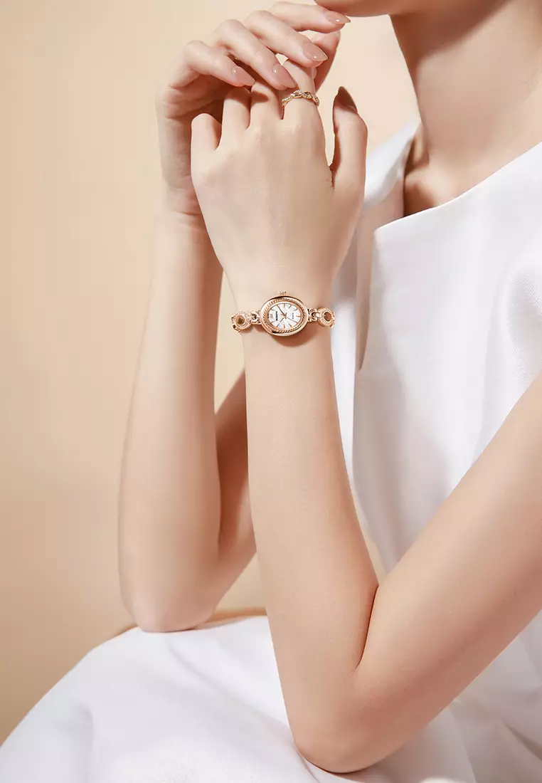 Jam Tangan Wanita Original Korea Style Kuasar Anti Air Tali Stainless Steel Jam Tangan Cewek B016 Rose white