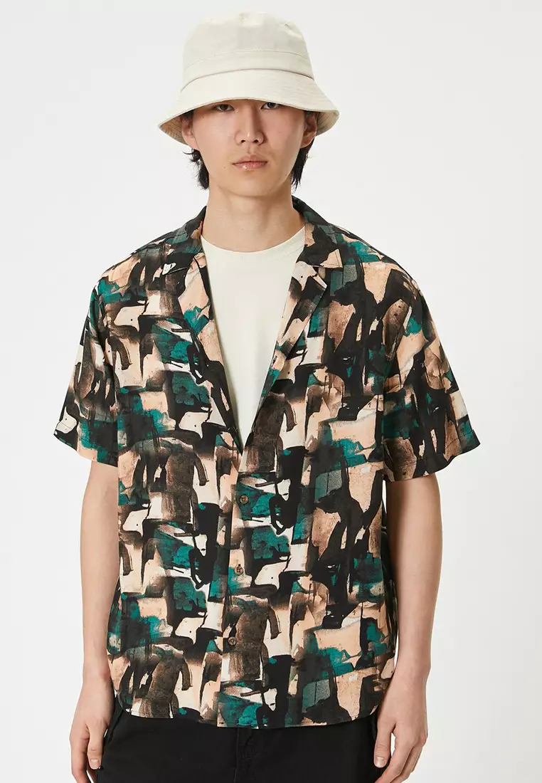 Discount on KOTON  shoes - SKU: Abstract Patterned Shirt Short Sleeve Turn-Down Collar Viscose Fabric