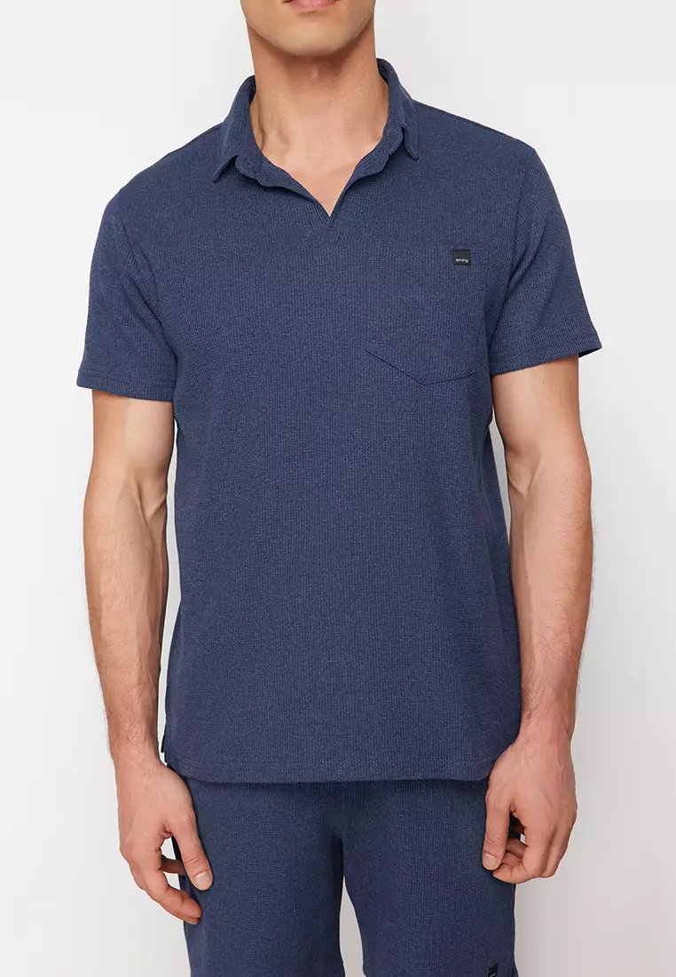 Indigo Regular Cut Textured Fabric Labeled Polo Collar Tracksuit Set TMNSS23EM00003