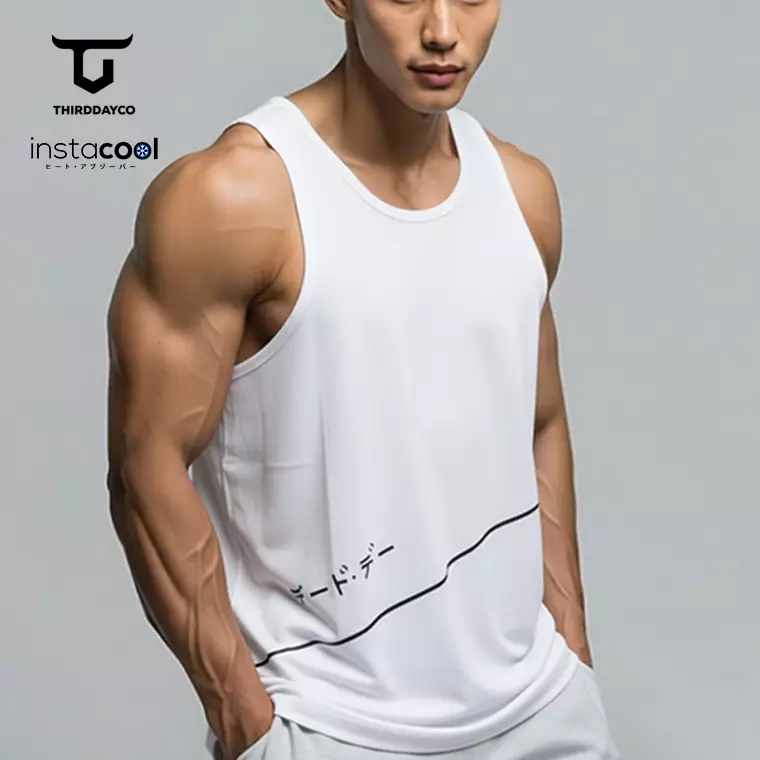 THIRDDAY Kaos Kutung Singlet Tank Top Gym instacool "diag cut katakana" SVN putih MTY34