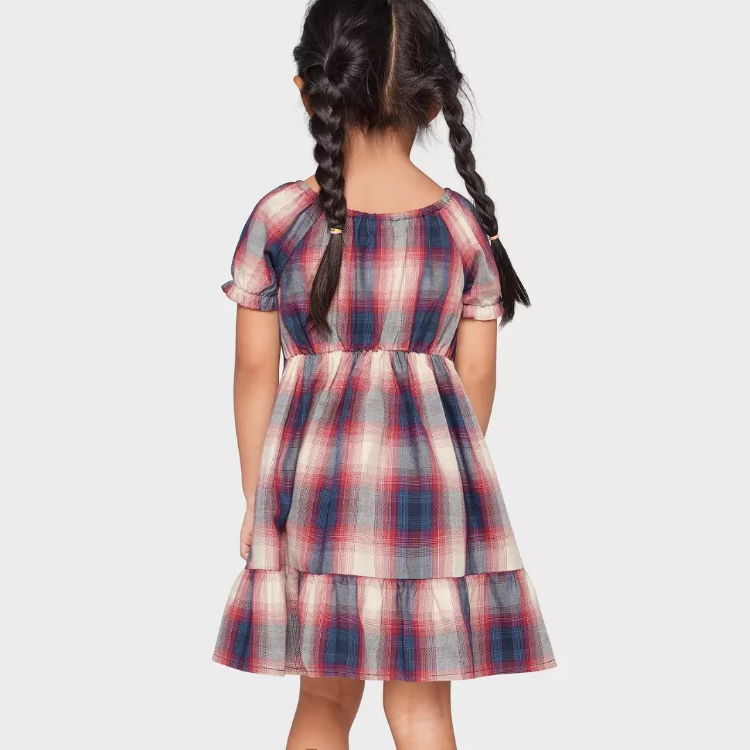 Toddler Girls Plaid Ruffle Dress - Baju Bayi Perempuan (Merah)