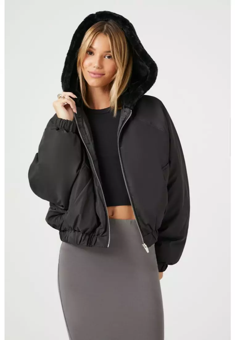 Black faux fur hooded bomber jacket store