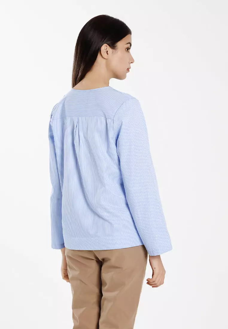 Forest Ladies Poly Cotton Striped V-Neck Blouse Women Long Sleeve Top - 822510-31Blue