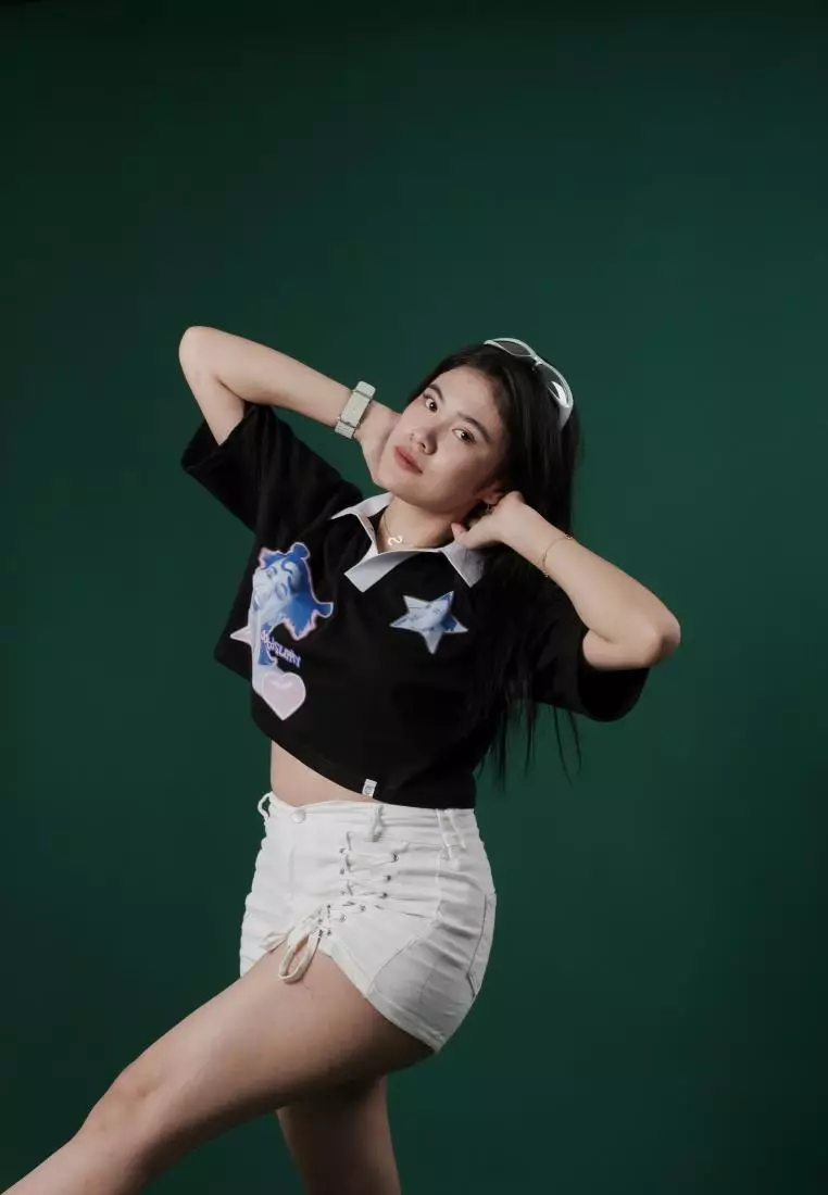 OOTDSUPPLY Oversize Polo Crop Shirt Lady Verse Black l Polo Crop Pria dan Wanita OVZ-CPS002