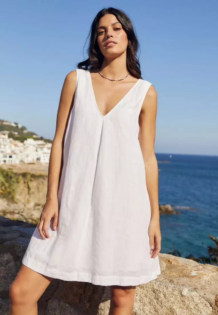 Linen Blend V-Neck Mini Dress