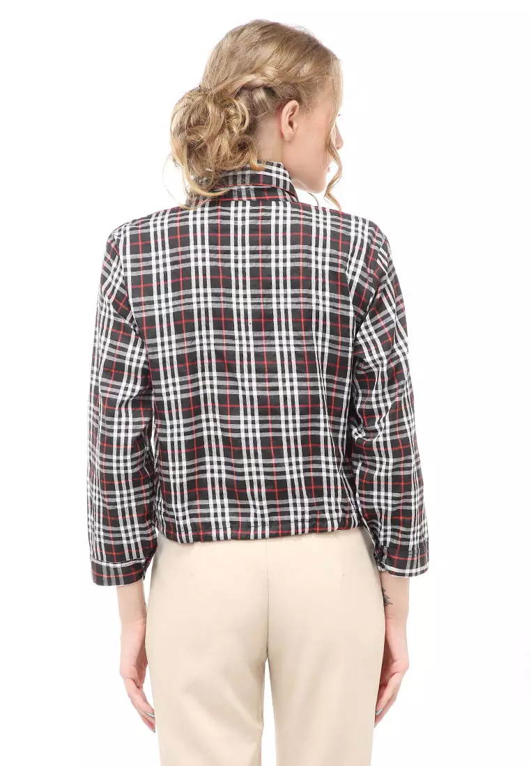 Holly Atasan Kasual Kemeja Crop Top Wanita Lengan Panjang Plaid Motif Material Cotton ORIGINAL - Black