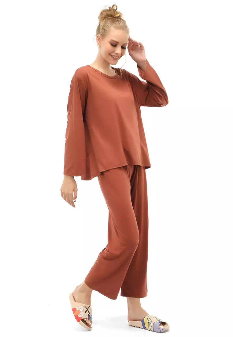 Vance Setelan Piyama Baju Tidur Wanita Nopouch Lengan Panjang Material Spandex ORIGINAL - Brown