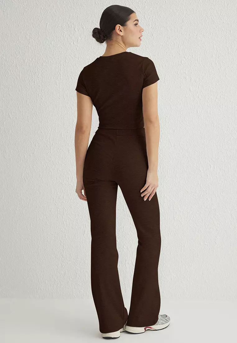 Brown Fitted/Flexible Knitted Bottom-Top Set Twoss25Au00053