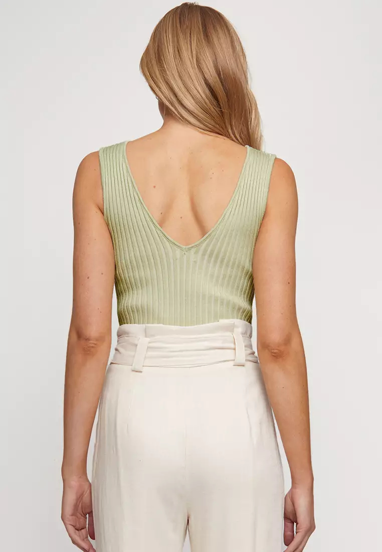 V Neck Knitted Ribbed Top