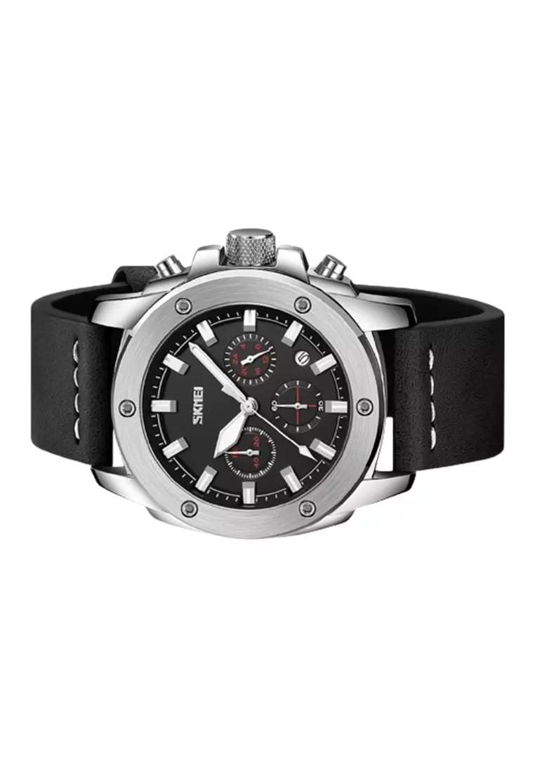 Jam Tangan Pria Analog Date SKMEI 9327 Leather Strap Tahan Air ORIGINAL - Silver