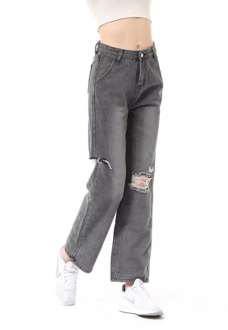 Stella Celana Panjang Ripped Jeans Wanita Stylish Material Denim ORIGINAL - Dark Gray