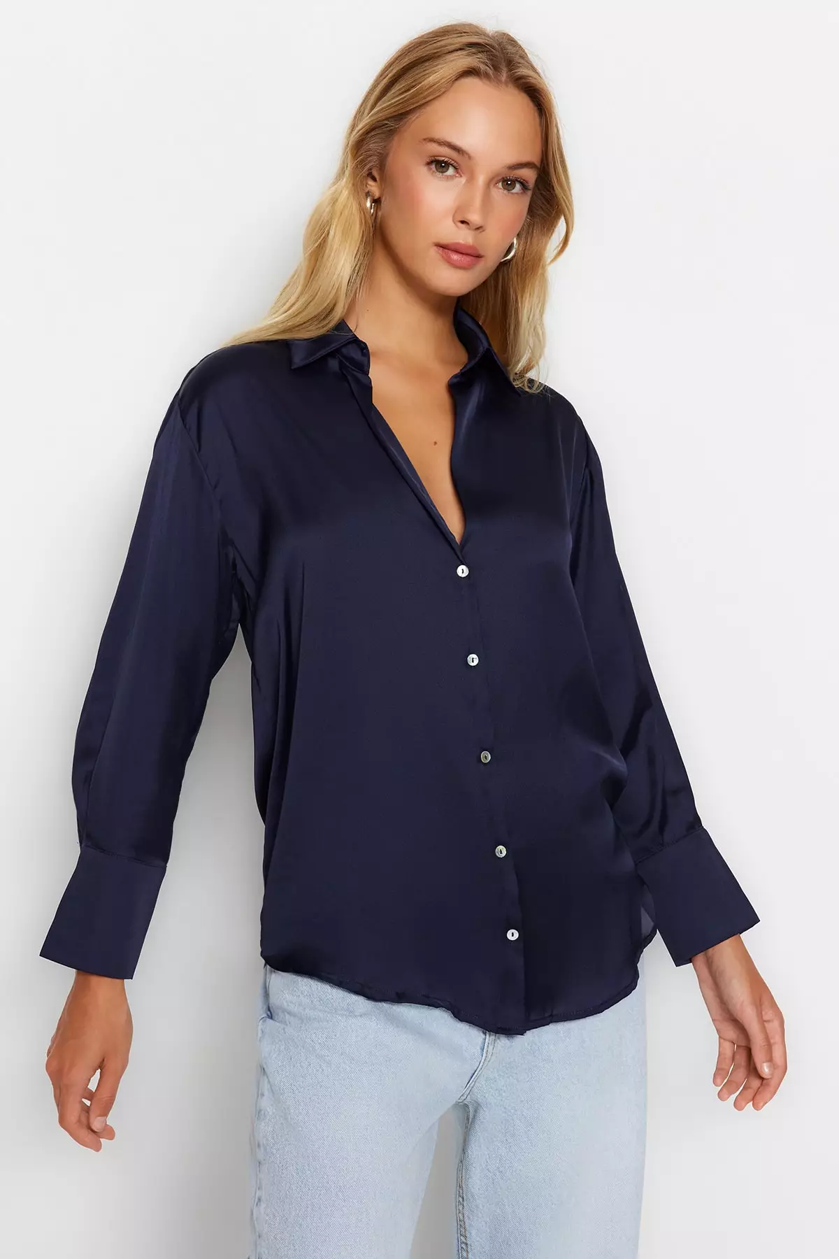 Navy Blue Oversize/Wide Fit Satin Woven Shirt Twoaw24Go211