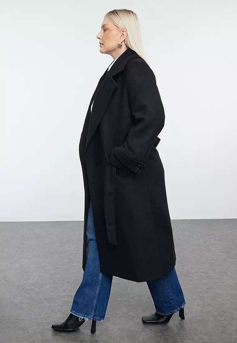 Black Regular Fit Wide Collar Detailed Long Wool Blend Cashew Coat Tbbaw25Dd00011