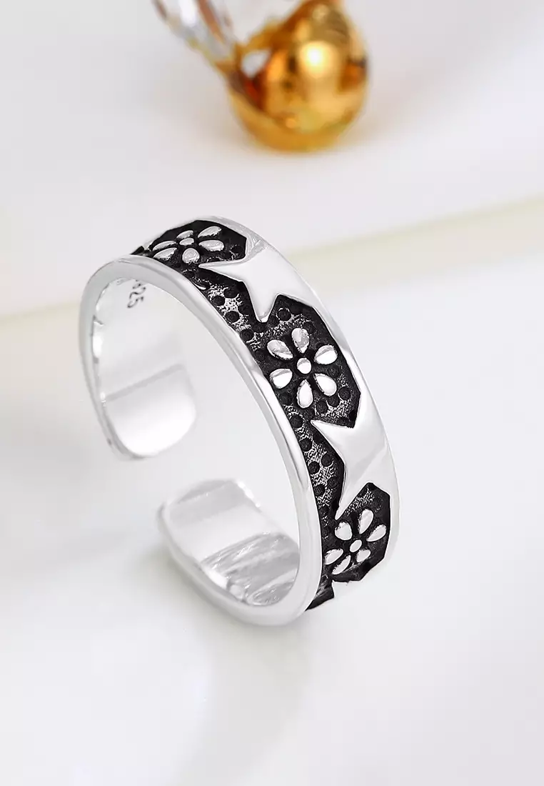 LDR24320 S925 Silver Vintage Daisy Flower Open Ring