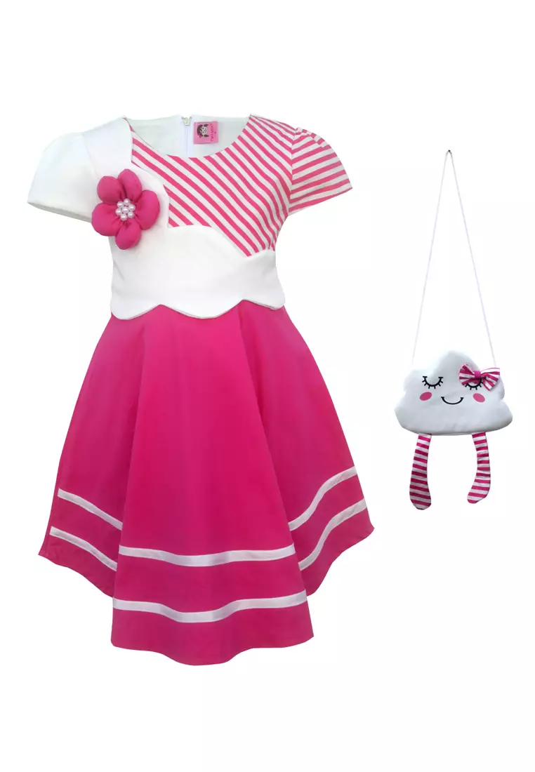 Two Mix Dress Anak Perempuan Bahan Kaos Scuba Motif Awan Lucu GRATIS Tas Lucu 4132