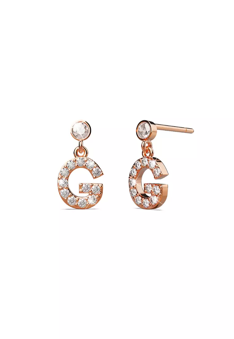 Solid 925 Sterling Silver Initial Crystal Personalised Alphabet Letter Earrings Rose Gold - G