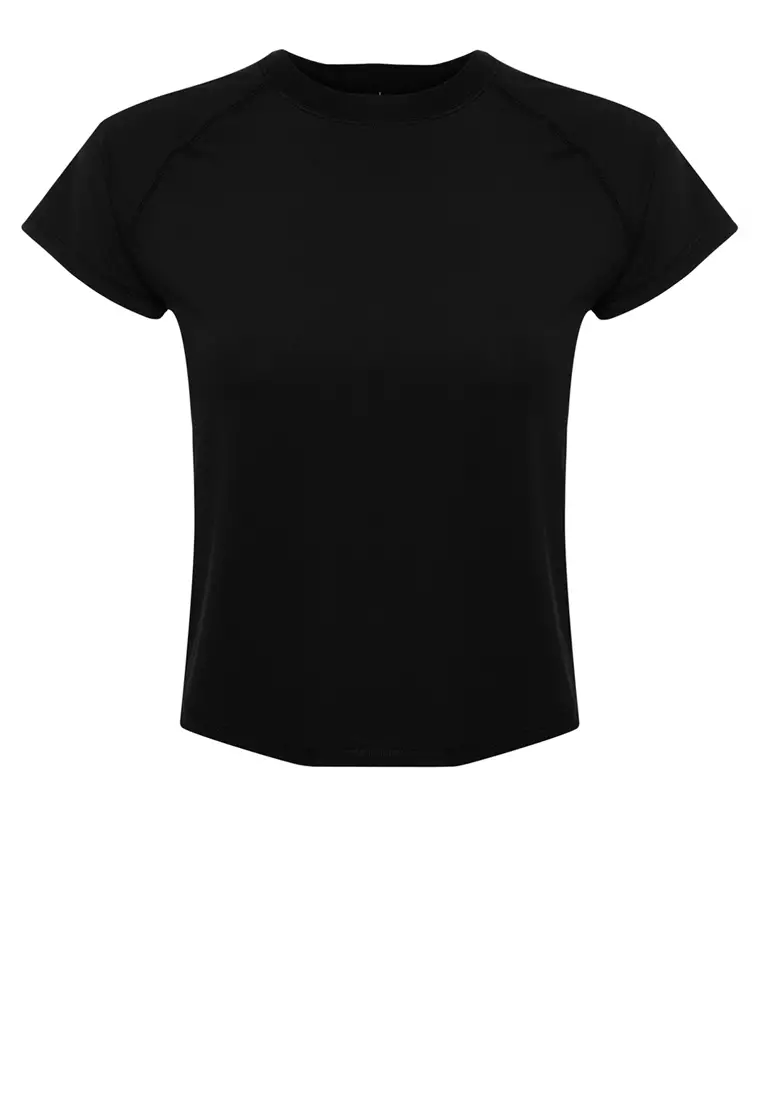 Black Reflector Print Detailed Knitted Sports T-Shirt THMSS24TS00002