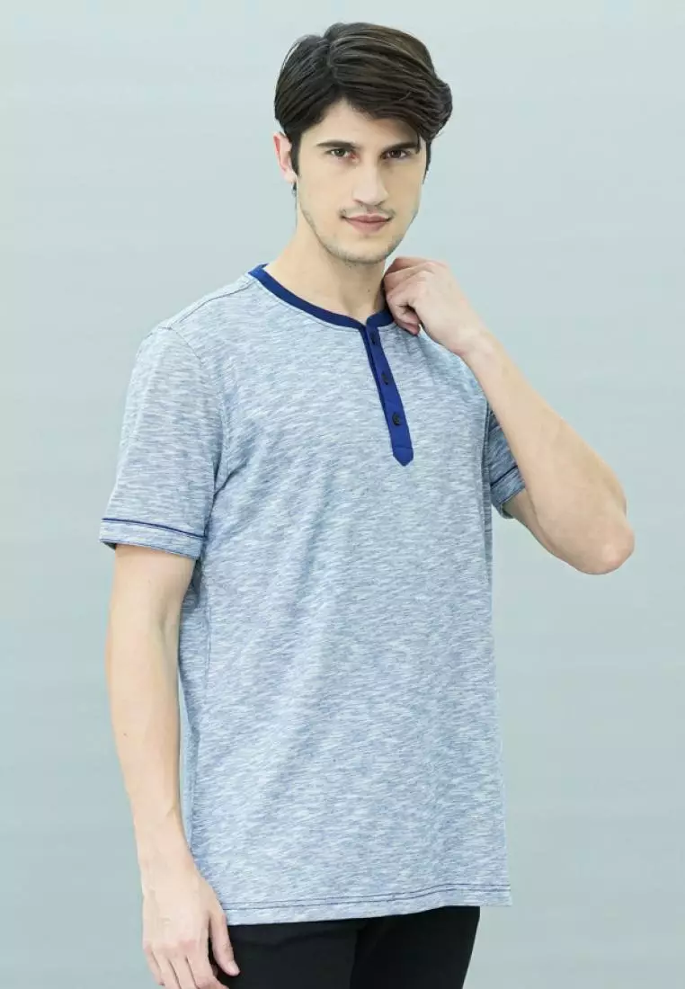 Johnwin - Kaos Henley - Kaos Lengan Pendek - Biru - APS.621.M407.01.C-S/S