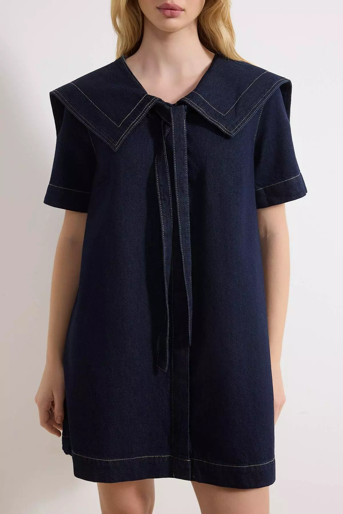 Blue Baby Collar Detailed 1% Cotton Mini Denim Dress Twoss26El41