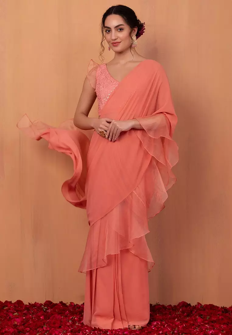 Buy Indya Pastel Pink Sequin Embroidered Ruffle Sleeve Blouse 2025