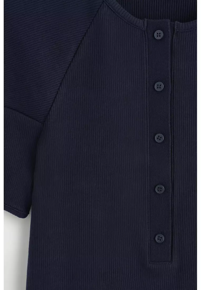 ROUNDED RIBBED JERSEY HENLEY TOP