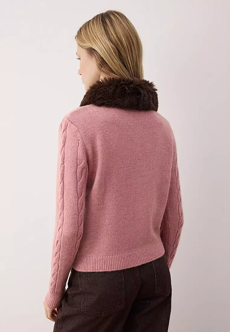 Pink Crop Fur Detailed Fitted/Full Body Knit Cardigan