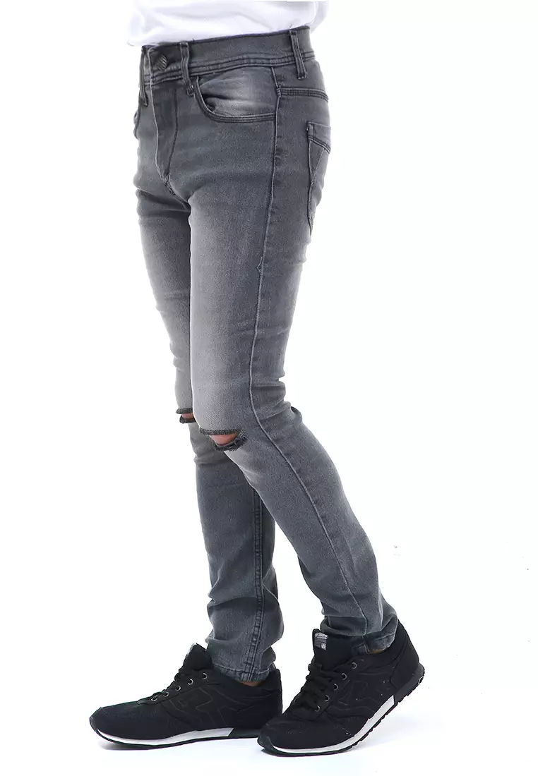 Locko Celana Panjang Pria Ripped Long Pants Casual Material Jeans ORIGINAL - Dark Grey