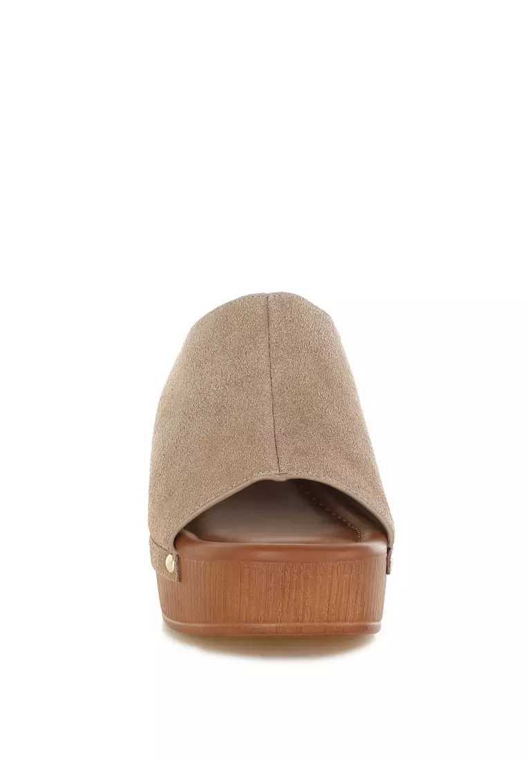 Soft Suede Leather Wooden Clogs In Taupe