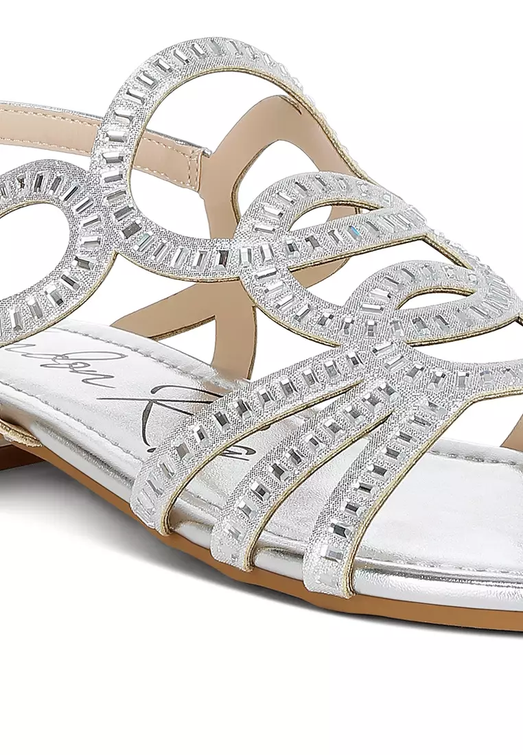 Cut Out Detail Rhinestone Flat Sandals in Silver