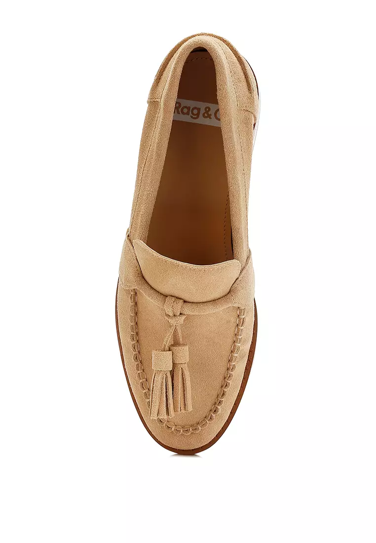 Beige Tassels Detail Suede Loafers