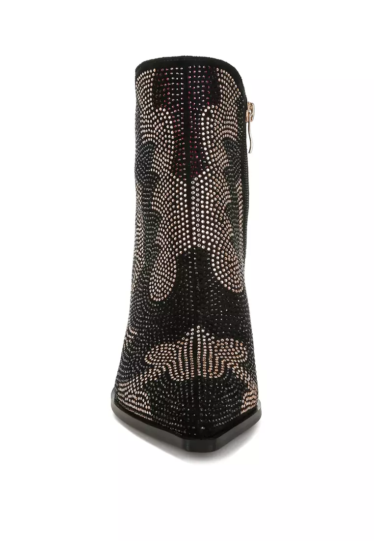 Sepatu bot hak blok berhias berlian imitasi berwarna hitam