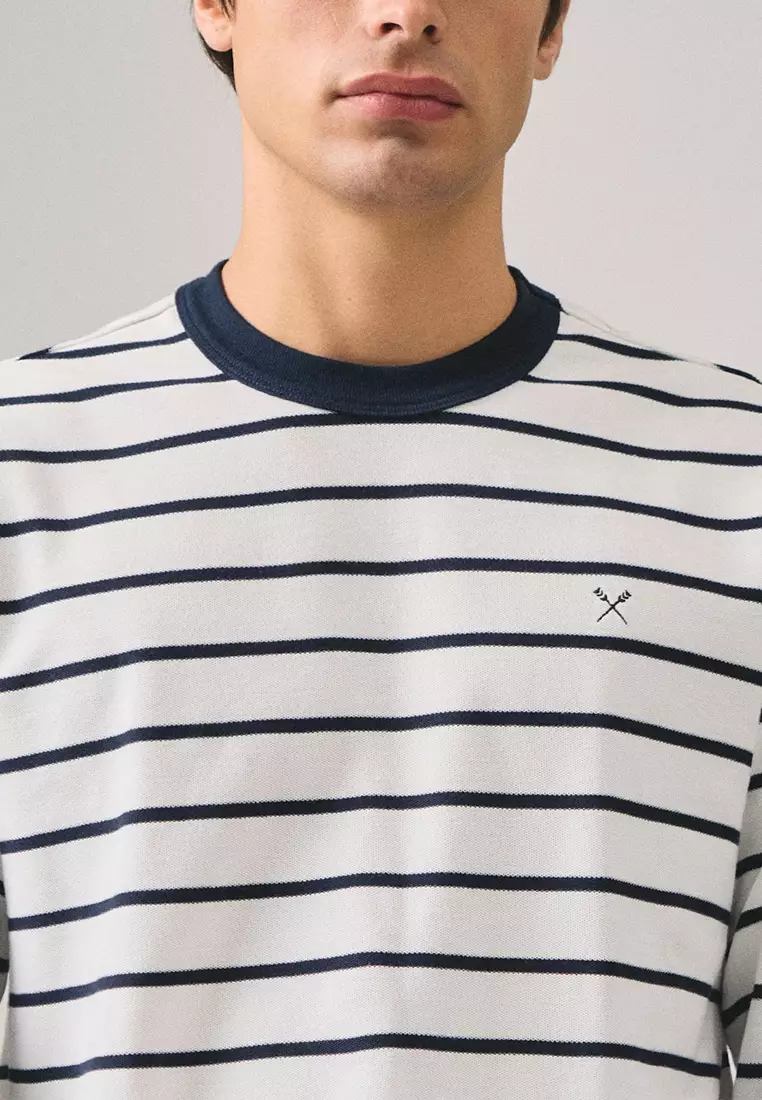 Regular Fit Long Sleeve Striped T-Shirt In Honeycomb Pique