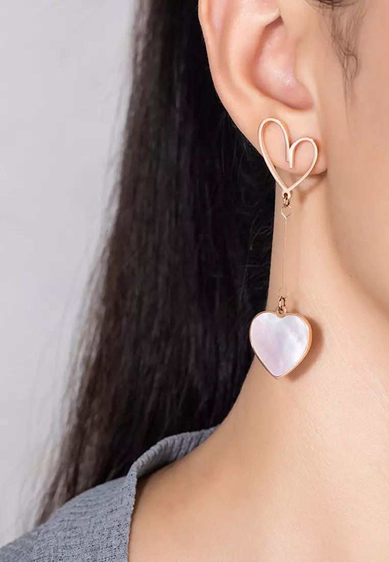 Open-Hearted MOP Shell Inlaid Asymmetrical Earrings Rose Gold Layered