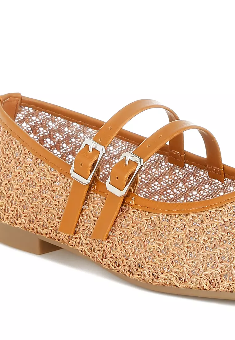 Pin Buckle Strapped Ballerinas In Tan